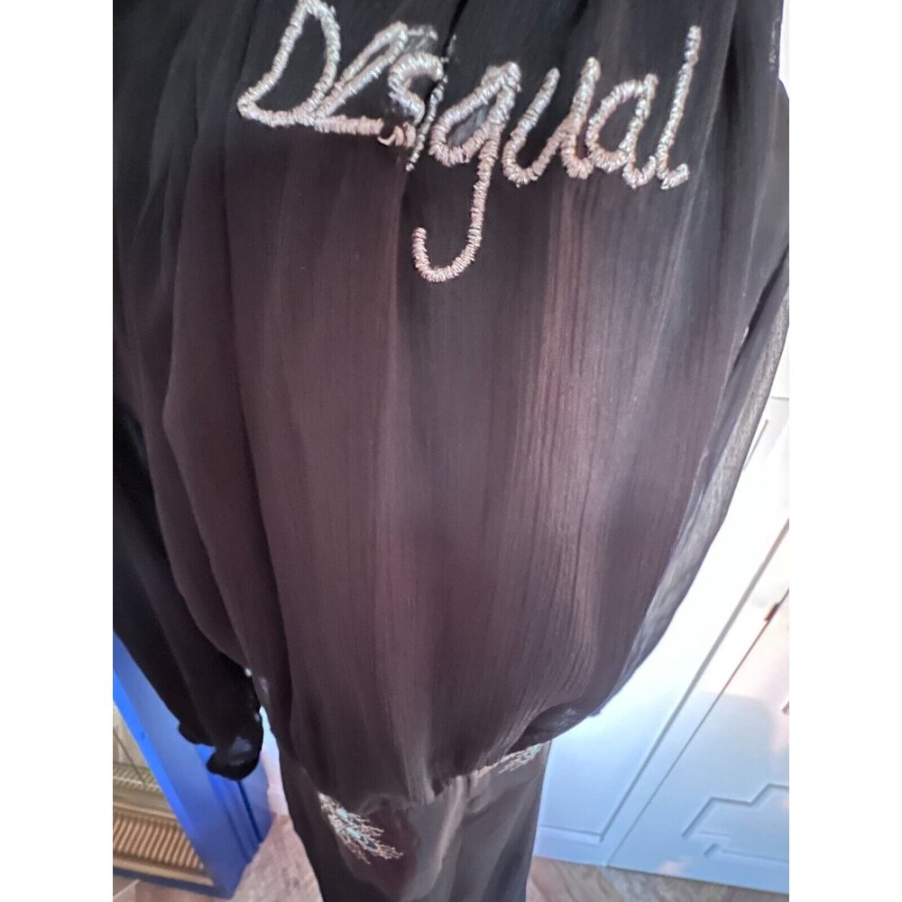 Desigual Black Dress EU 42 US L Peacock Embroidery Veil Sheer Sleeves Rochie - Picture 14 of 16